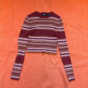 ONLY Striped Rust, Cream & Tan Long-Sleeve Cropped Top
